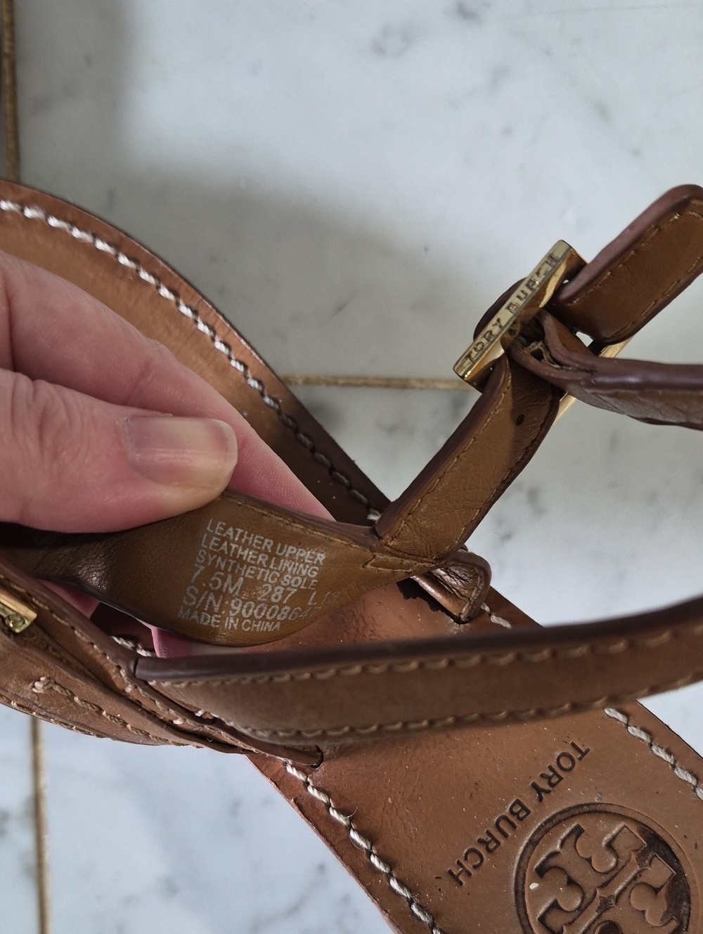 Tory Burch Brown Leather Logo Thong Sandals with Gold Medallions - Picture 4 of 4